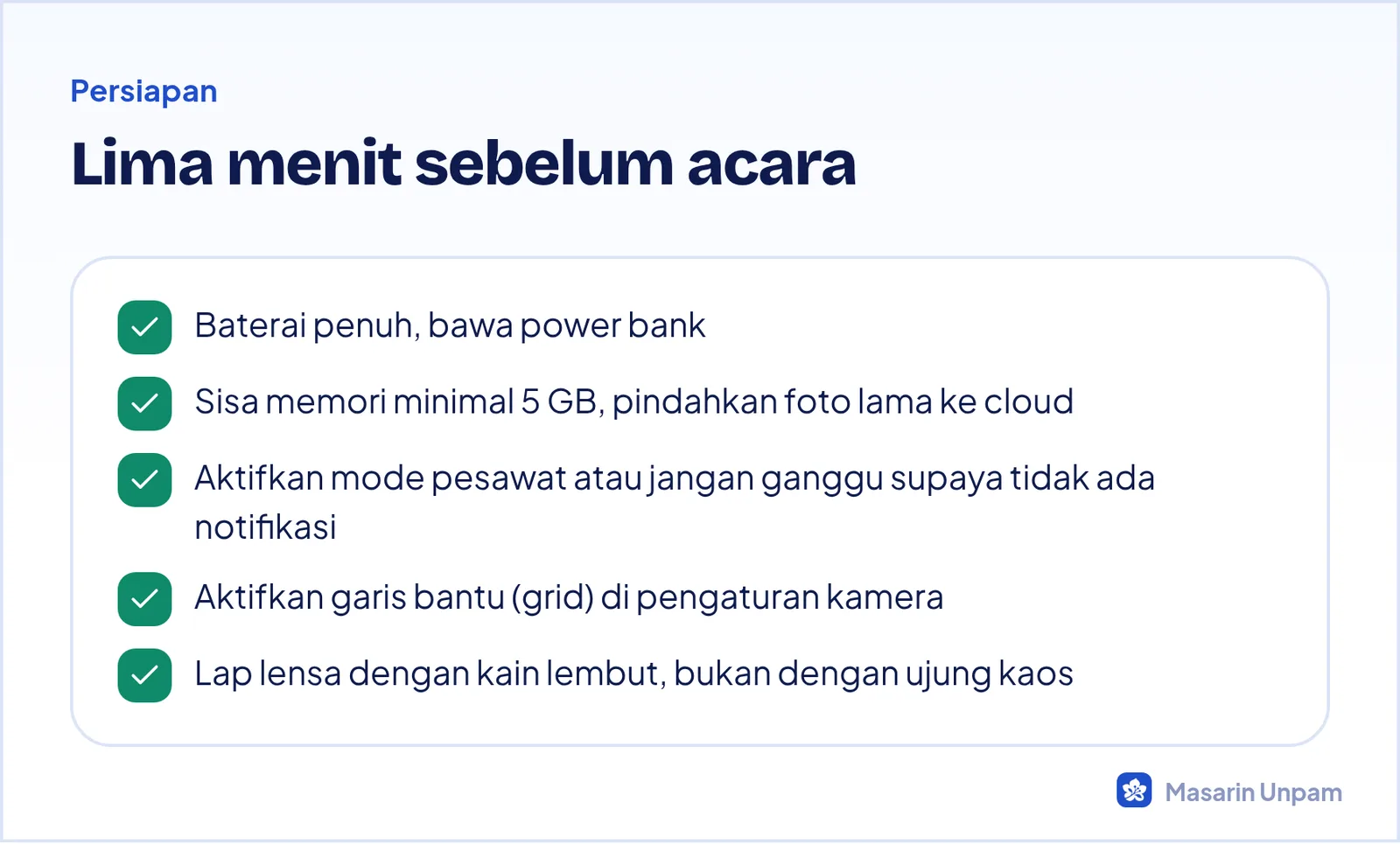Ceklis persiapan memotret acara dengan ponsel
