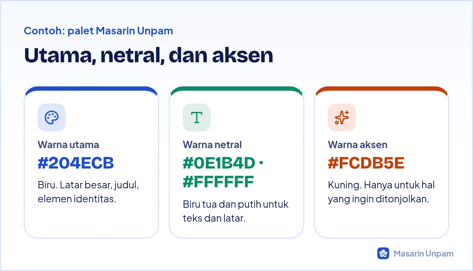Tiga peran warna dalam palet brand: warna utama, warna sekunder, dan warna aksen, dengan contoh palet Masarin Unpam