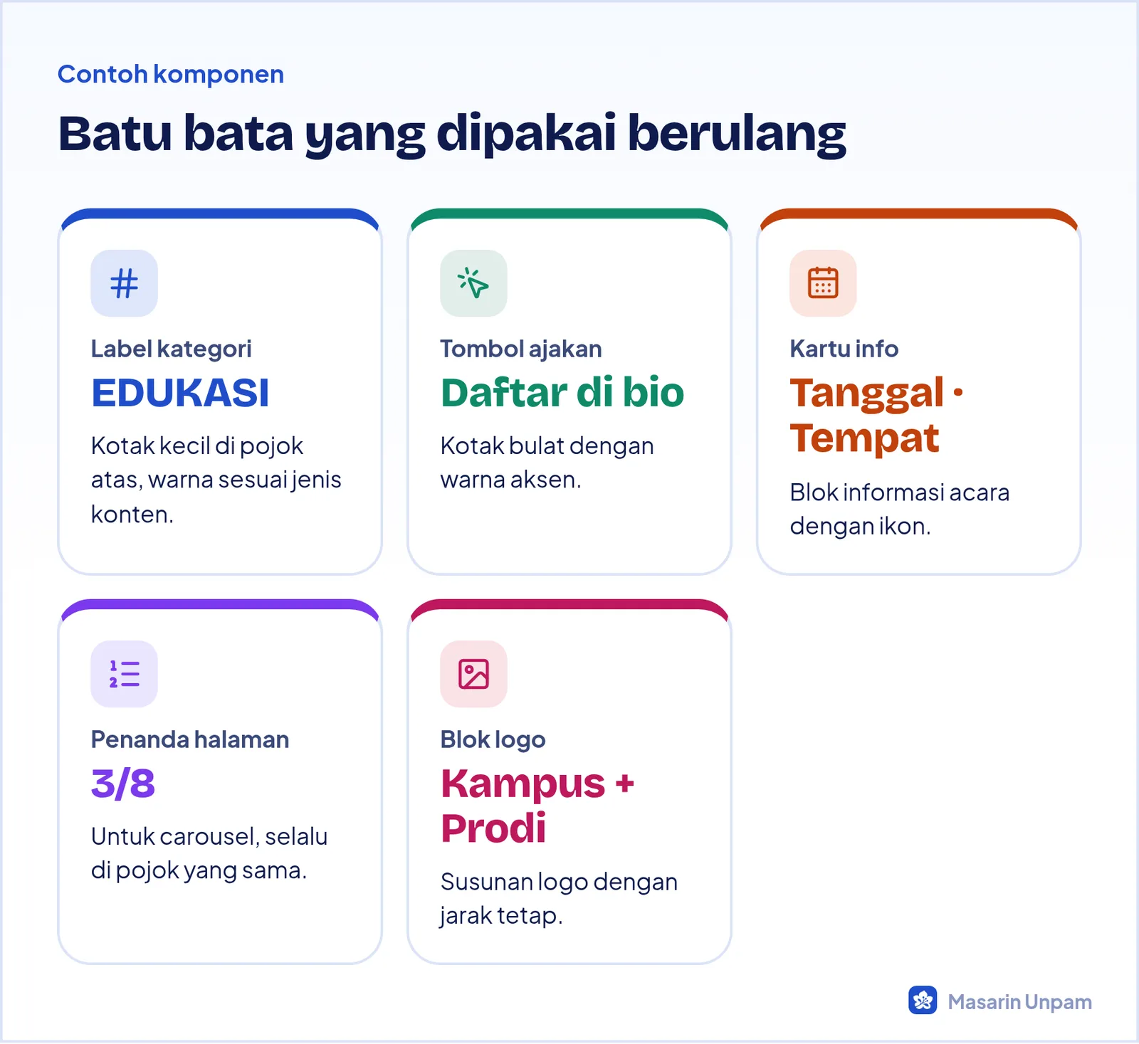 Contoh komponen desain media sosial: label kategori, tombol ajakan, kartu informasi, penanda halaman, dan blok logo