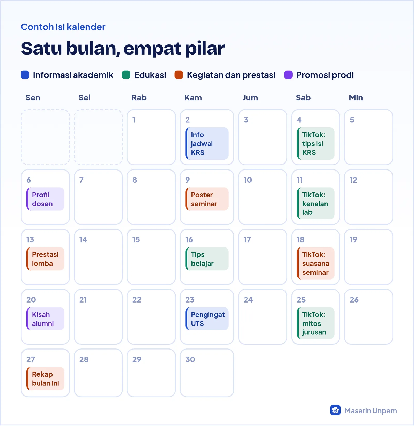 Contoh kalender konten satu bulan dengan warna berbeda untuk tiap pilar konten