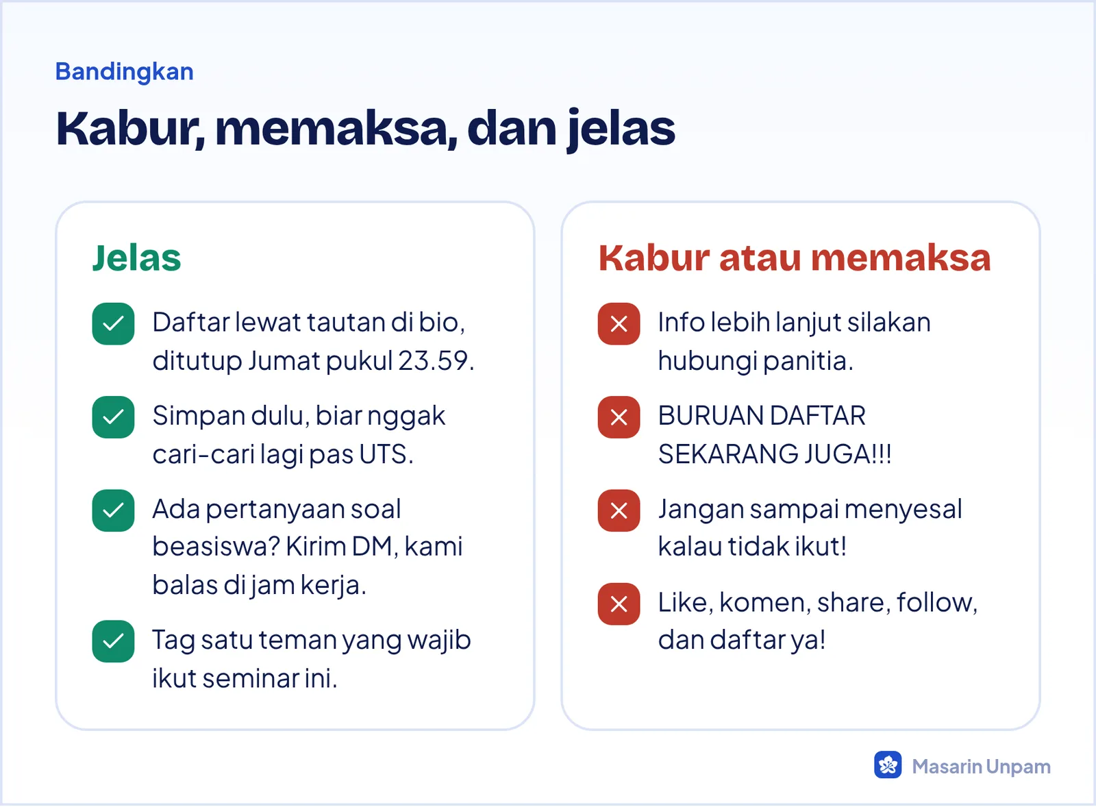 Perbandingan CTA yang lemah atau memaksa dengan CTA yang jelas