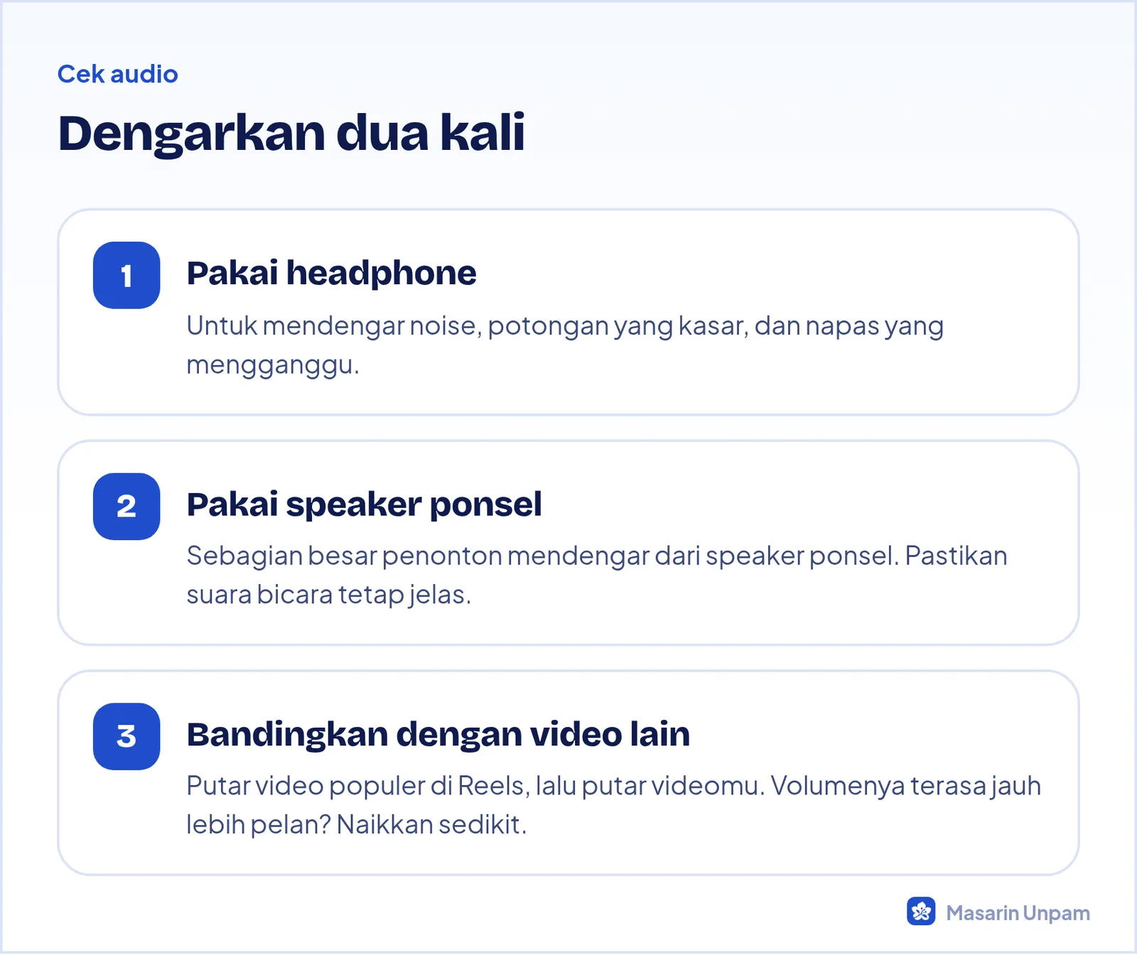 Dua cara mengecek audio video sebelum ekspor: dengan headphone dan dengan speaker ponsel