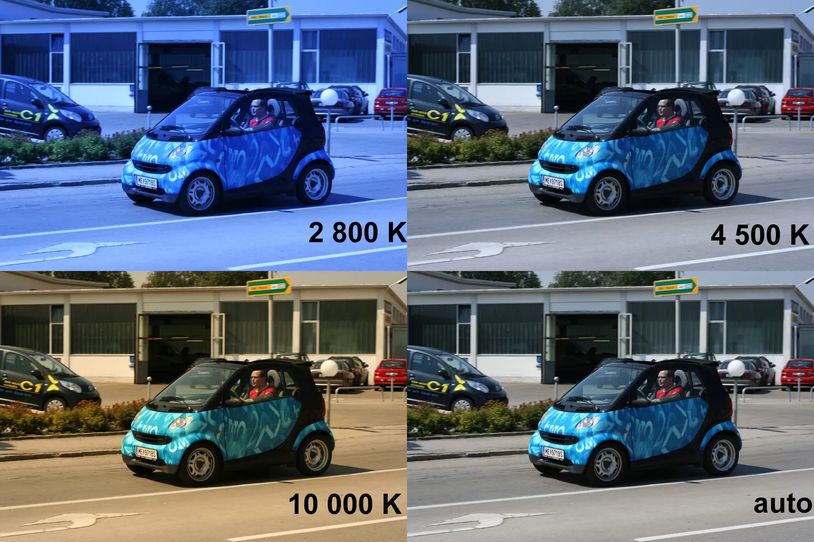 Empat versi foto mobil yang sama dengan pengaturan white balance berbeda