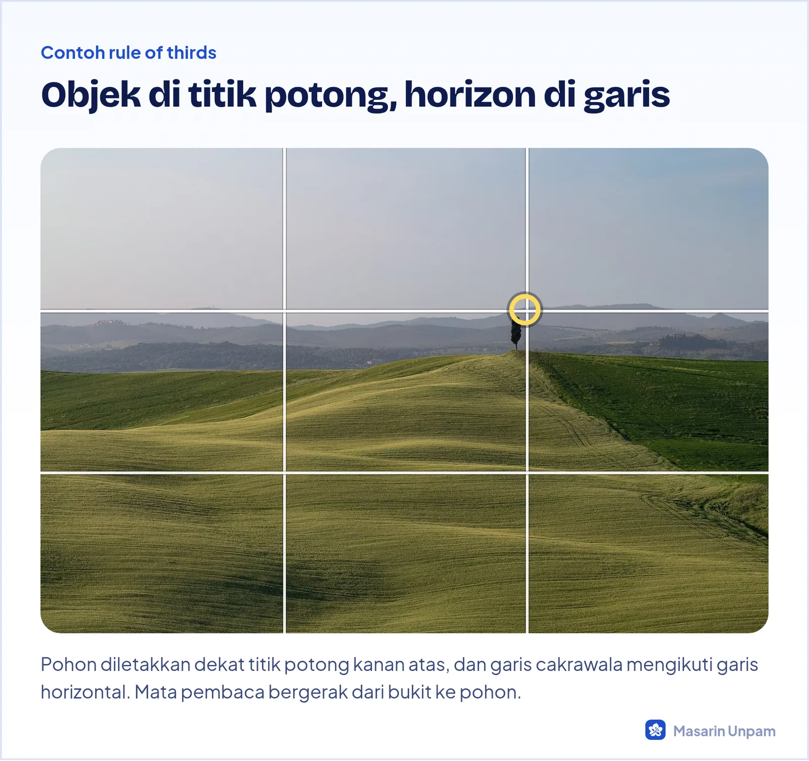 Foto pemandangan dengan garis bantu rule of thirds, pohon berada di dekat titik potong