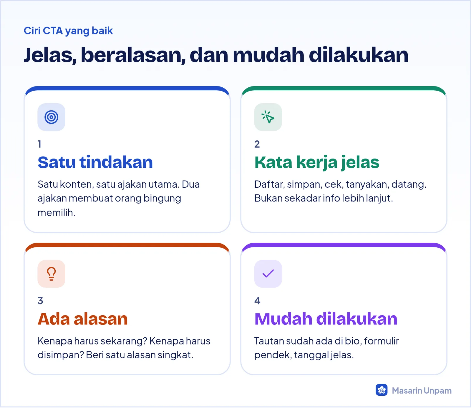 Empat ciri CTA yang baik: satu tindakan, kata kerja jelas, ada alasan, mudah dilakukan