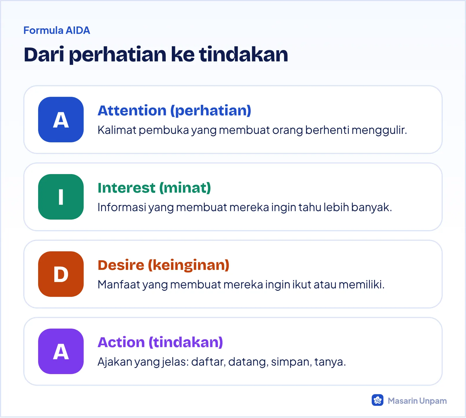 Formula AIDA: Attention, Interest, Desire, Action beserta penjelasannya