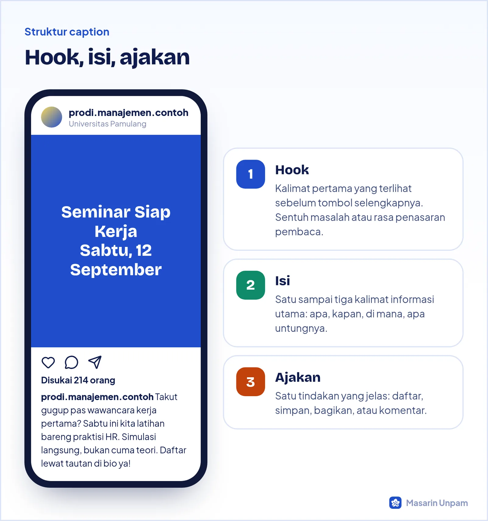 Contoh postingan Instagram dengan caption yang terdiri dari hook, isi, dan ajakan