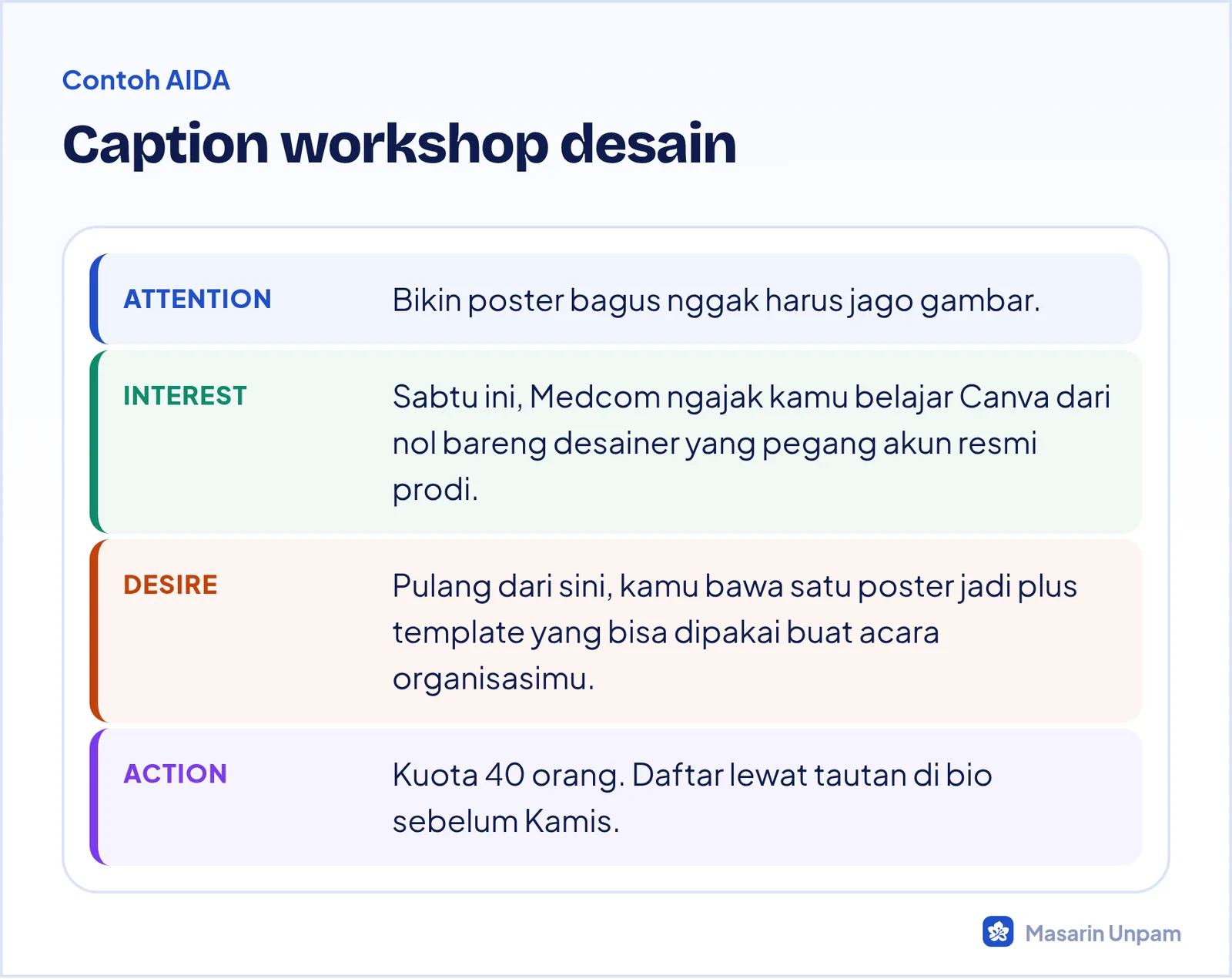 Contoh caption promosi workshop desain yang disusun dengan formula AIDA